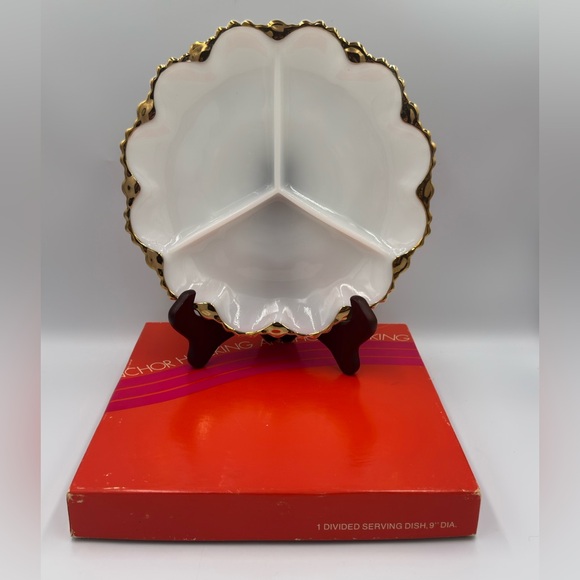 Vintage Anchor Hocking Fire-King Milk Glass Divided Relish Tray with Gold Trim - Picture 1 of 10